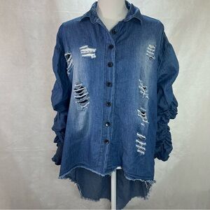 Thrill Jeans High Low Distressed Destroyed Denim Shirt Small Blue Ruched Sleeve